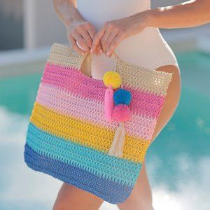 Shiraleah 17" Latoya Tote Bag Multi-Color with Pom Pom Tassels